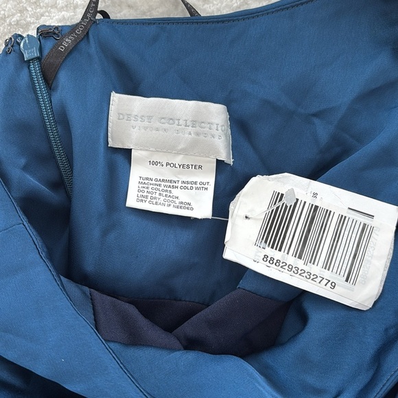 NWT Dessy Collection ONE-SHOULDER DRAPED EMPIRE WAIST TRUMPET Blue Formal Dress - Picture 6 of 7